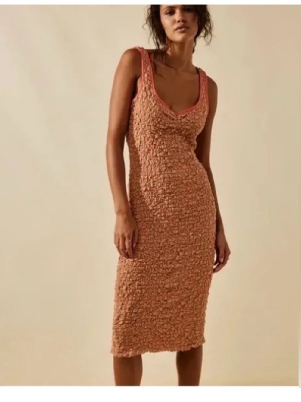 Free People Set the Bar Smocked  Midi Dress in tan and coral
